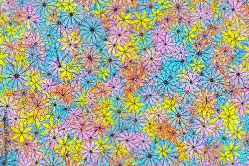Background illustration of layers of stylized transparent flowers in pink, purple, blue and yellow
