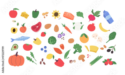 Healthy, organic food set. Vegetables,fruits,mushrooms,nuts,meat, milk and fish collection. Colored  vector flat illustration isolated on white background.