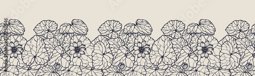 Vector horizontal seamless border with hand darwn lesser celandine. Eps 10. Line-art botanical illustration. Floral backdrop
