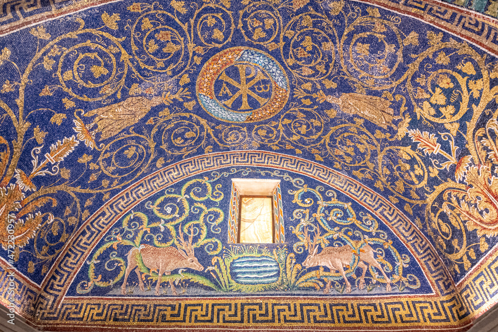 Ravenna, Italy - 01.11.2021 - The mosaic of the deers and the Christogram in Mausoleo di Galla Placidia, Emilia Romagna, Italy, Europe