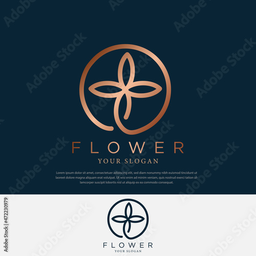 Premium line style minimalist floral design floral petal logo in bronze color.beauty cosmetics,spa,yoga vector