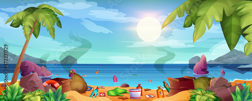 Garbage on sea beach, floating rubbish in water. Ocean pollution. Dirty seaside with trash, bottles, bags. Plastic waste dump on sandy coastline with stones. Ecological problem of polluted environment