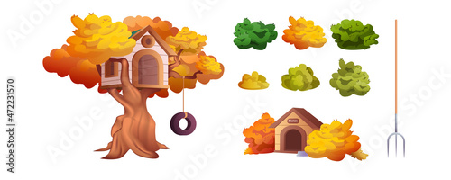 Vector set outdoor plants on white background. Cartoon orange and green different shape bushes and tree. Wooden treehouse for kids on backyard and dog kennel. Woody plant with dense foliage cover.