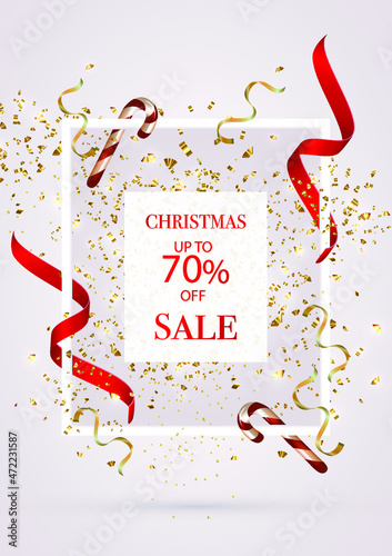 Christmas sale. Up to 70% off. Happy New Year. Vector illustration for winter holiday discounts. December. Flying golden confetti. Golden luxury product label. Web banner, poster, postcard.