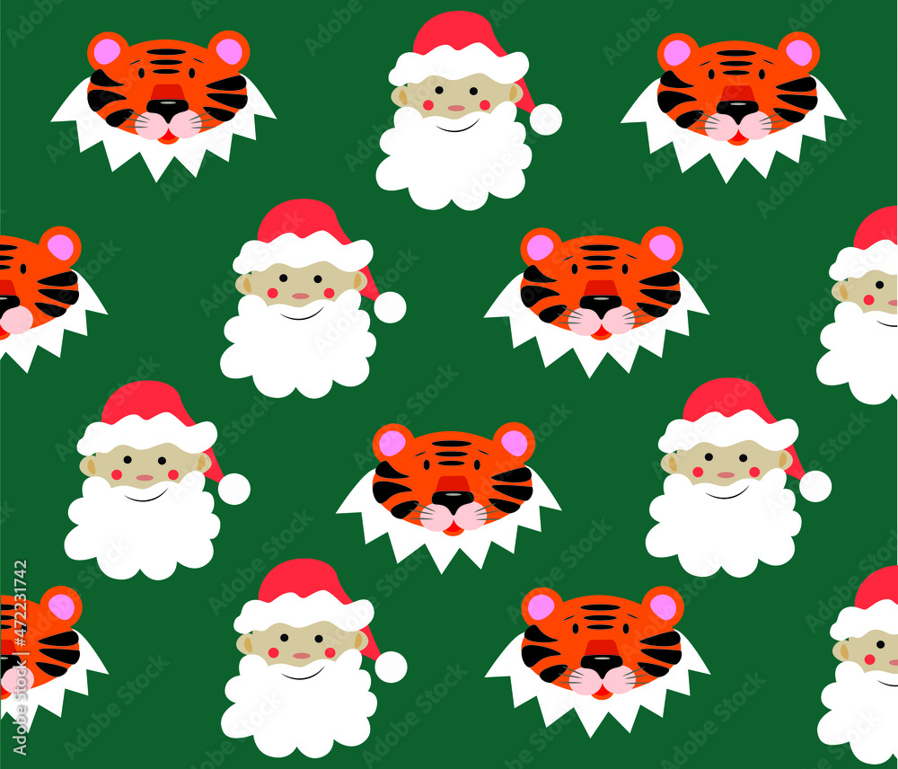 The symbol of 2022 is a TIGER on a green background. Tiger with Santa Claus Pattern The symbol of 2022 is a TIGER on a green background. Tiger with Santa Claus Pattern