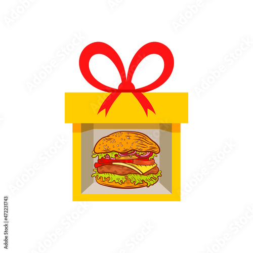 yellow gift box with burger in it isolated, bright colors.