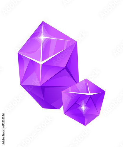 Purple polygon of nature. Crystal stones, realistic art tourmaline, color cartoon vector illustration