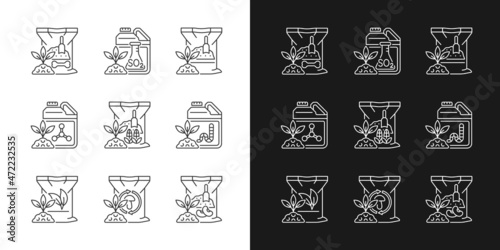Natural fertilizers linear icons set for dark and light mode. Organic additives for ground and plants. Customizable thin line symbols. Isolated vector outline illustrations. Editable stroke