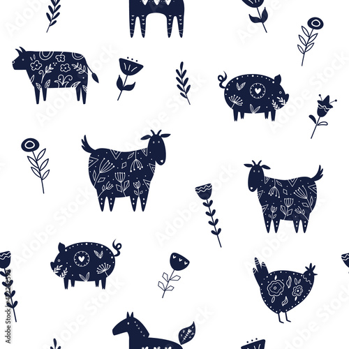 Vector seamless pattern with farm animals in Scandinavian style