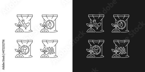Byproduct fertilizers linear icons set for dark and light mode. Organic supplements for soil. Natural additives. Customizable thin line symbols. Isolated vector outline illustrations. Editable stroke
