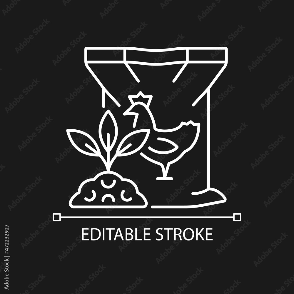 Chicken poultry manure linear icon for dark theme. Plants and crops organic nourishing. Thin line customizable illustration. Isolated vector contour symbol for night mode. Editable stroke Chicken poultry manure linear icon for dark theme. Plants and crops organic nourishing. Thin line customizable illustration. Isolated vector contour symbol for night mode. Editable stroke
