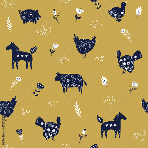 Vector seamless pattern with farm animals in Scandinavian style