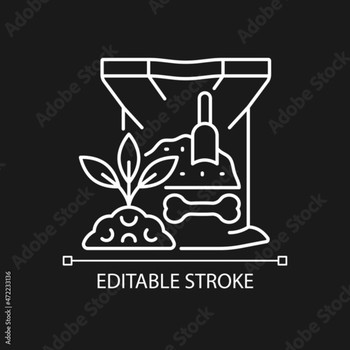 Bone meal linear icon for dark theme. Organic powder for soil supplementing. Calcium and phosphorus. Thin line customizable illustration. Isolated vector contour symbol for night mode. Editable stroke