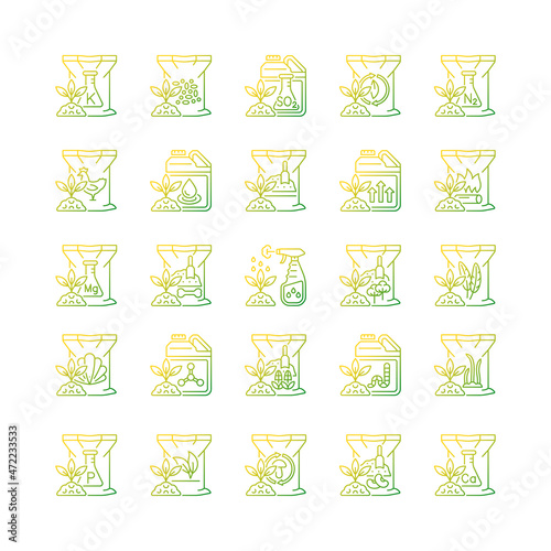 Fertilizers type gradient linear vector icons set. Organic, chemical supplements. Soil, plants additives. Thin line contour symbols bundle. Isolated outline illustrations collection