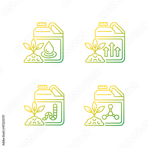 Liquid supplements gradient linear vector icons set. Fluid fertilizer for ground and roots. Organic and chemical additives. Thin line contour symbols bundle. Isolated outline illustrations collection