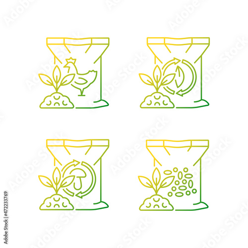 Byproduct fertilizers gradient linear vector icons set. Organic supplements for soil. Natural powder additives. Thin line contour symbols bundle. Isolated outline illustrations collection