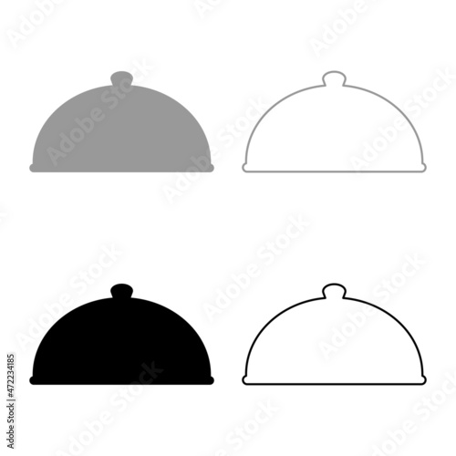 Cloche serving dish Restaurant cover dome plate covers to keep food warm Convex lid Exquisite presentation gourmet meal Catering concept set icon grey black color vector illustration image flat style 