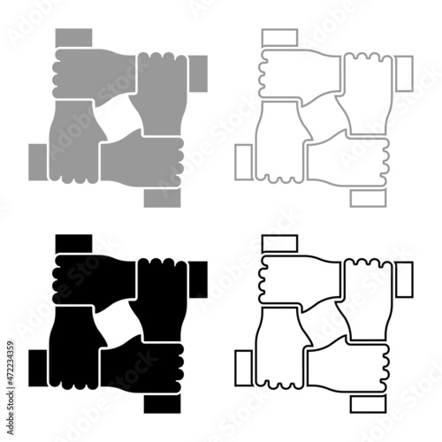 Four hands together concept teamwork united teamleading Arm interlocking with each other on wrist jointly collaboration set icon grey black color vector illustration image flat style solid fill 