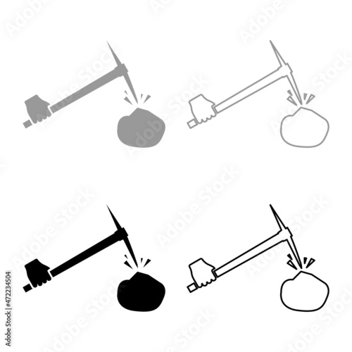 Pickaxe hit stone in hand set icon grey black color vector illustration image flat style solid fill outline contour line thin