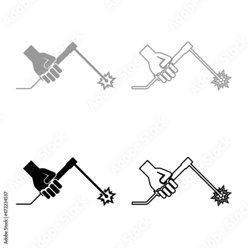 Welding machine in hand torch welder set icon grey black color vector illustration image flat style solid fill outline contour line thin
