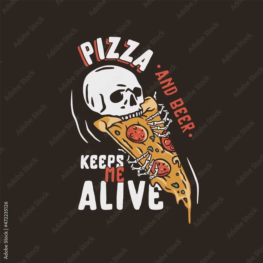 Beer skull with pizza for print. Original brew or food design of skeleton and pizza for bar or cafe