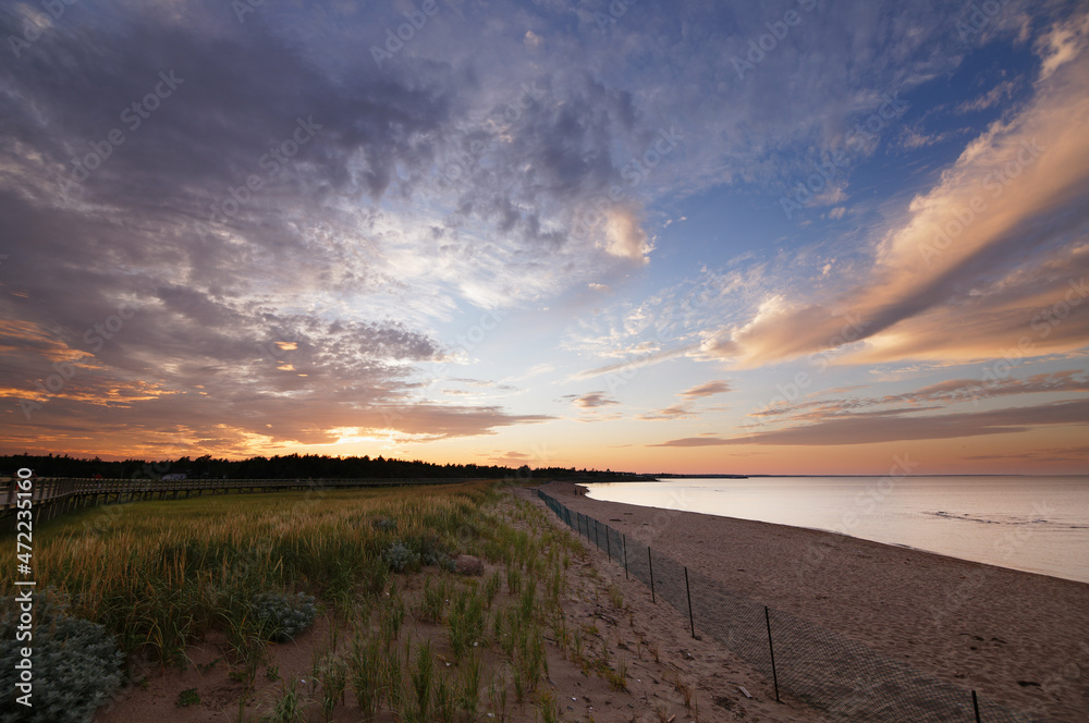 Beach boardwalk, fiery orange and blue sunset beautiful skies Beach boardwalk, fiery orange and blue sunset beautiful skies