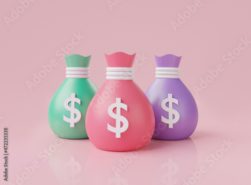 Money bags icon minimal style isolated on pink background . Business and finance, Dollar sign, investment, growth money. Money saving concept. minimal cartoon design. 3d rendering illustration