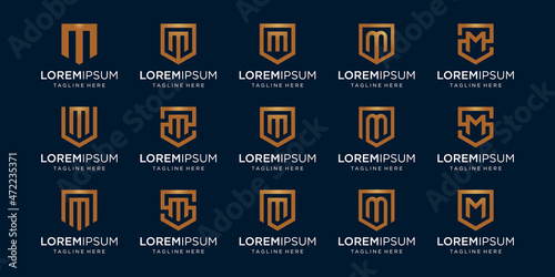 set of letter M monogram and shield sign combination. Line art logo design. Symbolizes reliability, safety, power, security. luxury logotype.