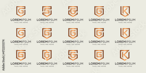 set of letter G K monogram and shield sign combination. Line art logo design. Symbolizes reliability, safety, power, security. luxury logotype.