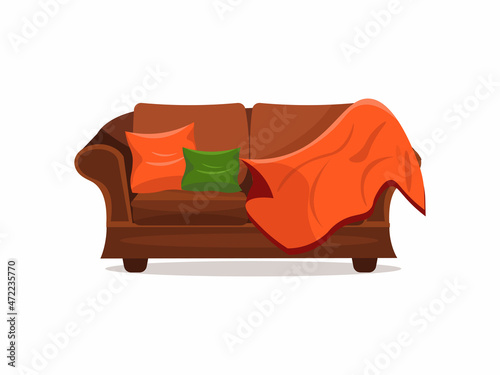 Cozy soft sofa with a plaid and cushions on a white background. Vector illustration in cartoon flat style