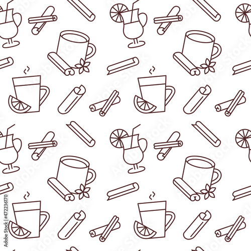 Seamless vector pattern with Winter drinks. Tea, cocoa with marshmallows, winter warming drinks. For fabric, paper, wrap, textile, poster, scrapbooking, wallpaper or background, for web site or mobile