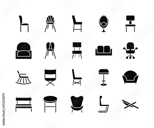 Chair flat line icons set. Home and office interior elements -furniture, seat, armchair, sofa, settee. Simple flat vector illustration for web site or mobile app