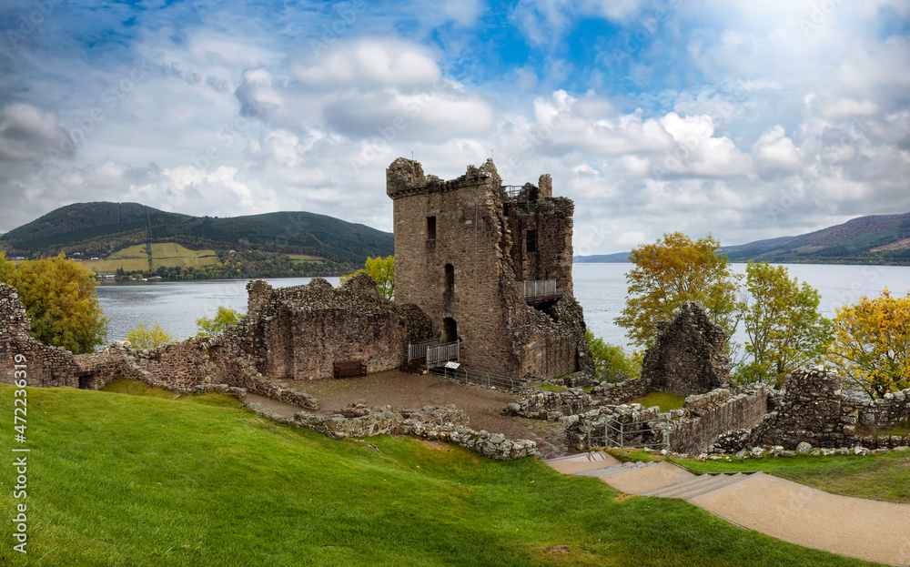 The ruins of the Urquhart Castle at Loch Ness during autumn time, Scotland, without people