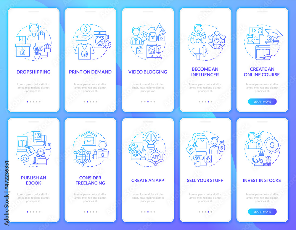Making extra income online onboarding mobile app page screen set. Video blogging walkthrough 5 steps graphic instructions with concepts. UI, UX, GUI vector template with linear color illustrations Making extra income online onboarding mobile app page screen set. Video blogging walkthrough 5 steps graphic instructions with concepts. UI, UX, GUI vector template with linear color illustrations