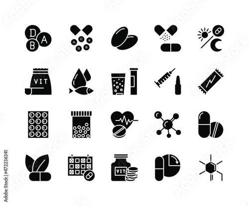 Vitamin nutrition flat line icons set. Healthy food supplement - Vitamin, Mineral supplement, Pill, Bottle, health food. Simple flat vector illustration for web site or mobile app