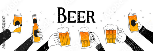 Hands holding glasses of beer with lettering, banner for octoberfest, brewery design, party celebration, beer festival
