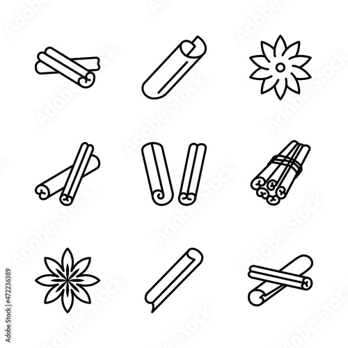 Cinnamon flat line icons set. Symbol of spice - Cinnamon sticks. Simple flat vector illustration for web site or mobile app