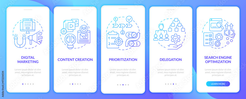Entrepreneurial skills onboarding mobile app page screen. Delegation and SEO walkthrough 5 steps graphic instructions with concepts. UI, UX, GUI vector template with linear color illustrations