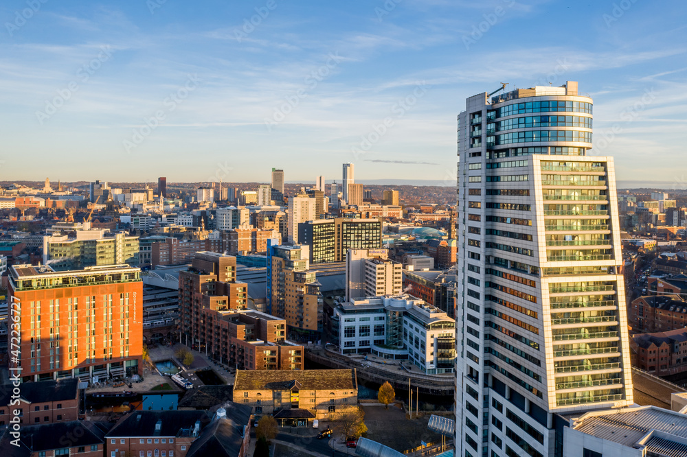 Aerial view of Leeds city centre skyline with modern architecture mixed with old buildings