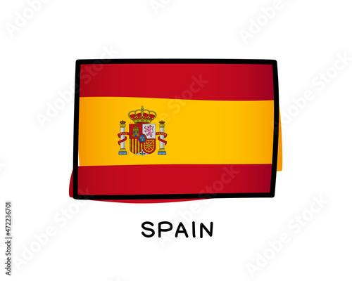 Spanish flag. Hand drawn red and yellow brush strokes. Black outline. Vector illustration
