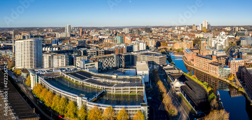 Aerial panorama view of The Leeds Dock area and city centre skyline photo