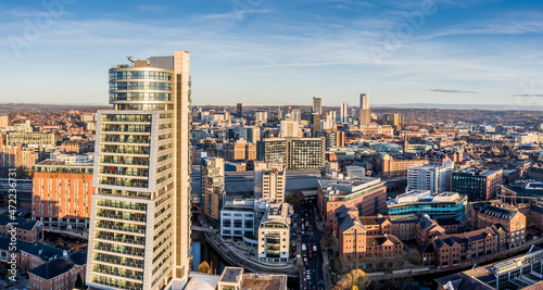Aerial panorama view of Leeds city skyline with modern apartment buildings © teamjackson