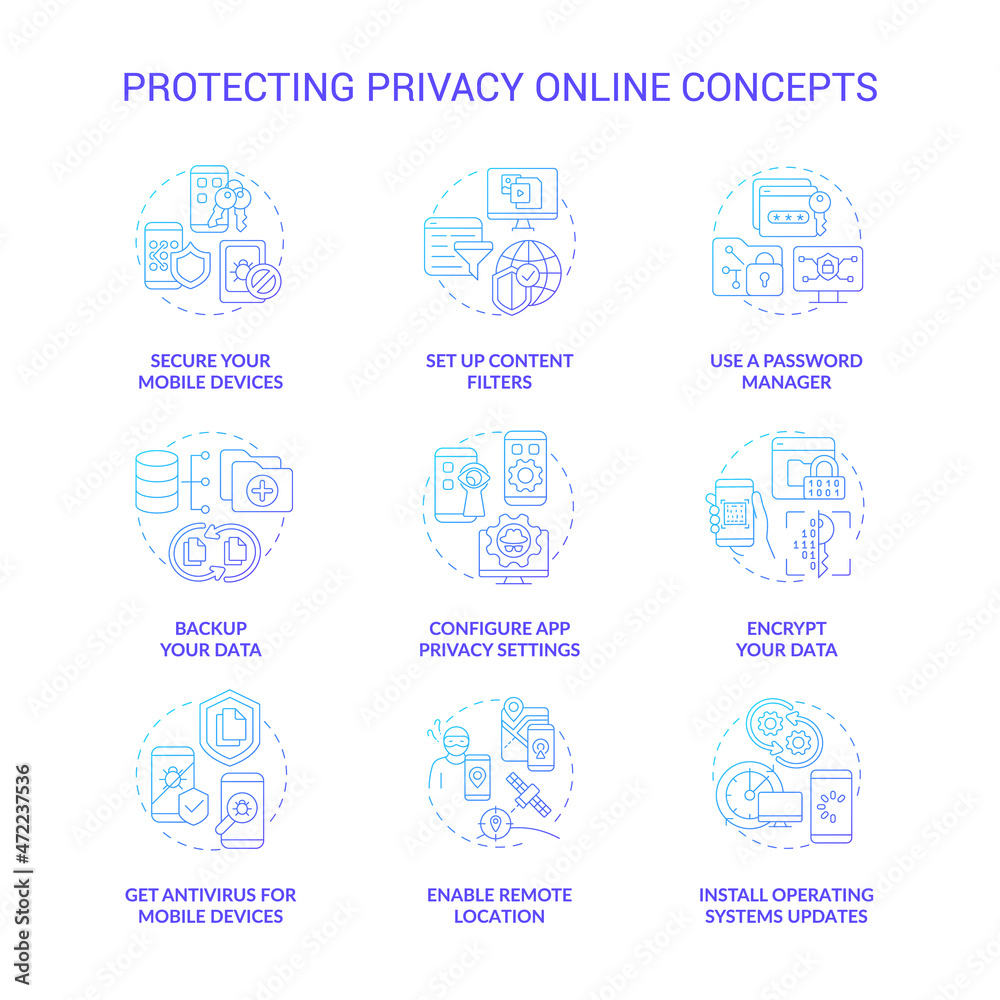 Protecting privacy online concept icons set. Personal data safety online idea thin line color illustrations. Tips to save information from hackers. Vector isolated outline drawings