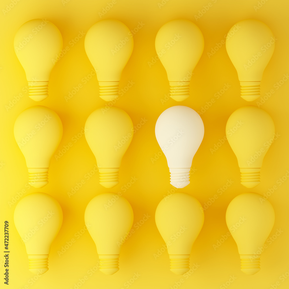 Yellow bulbs with one white bulb. Leadership and creative idea concepts. 3d rendering illustration. Yellow bulbs with one white bulb. Leadership and creative idea concepts. 3d rendering illustration.