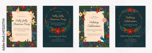 Christmas and Happy New Year party invitations templates.Festive vector layouts with hand drawn traditional winter holiday symbols.Xmas trendy designs for banners,invitations,prints,social media