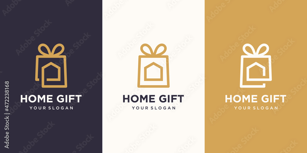 Fototapeta premium gift and house simple logo combination. Unique surprise and logotype design template