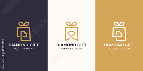 gift and diamond or brilliant logo combination. Unique surprise and logotype design template