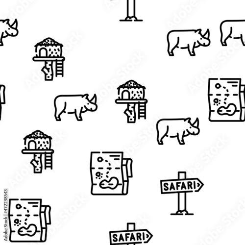 Safari African Hunting Vacation Vector Seamless Pattern Thin Line Illustration