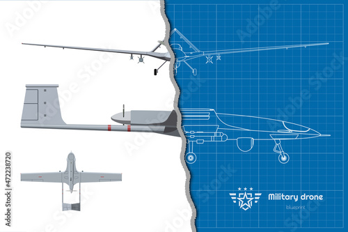 Military drone top, side, front view. Isolated 3d army plane. Modern unmanned bomber outline blueprint