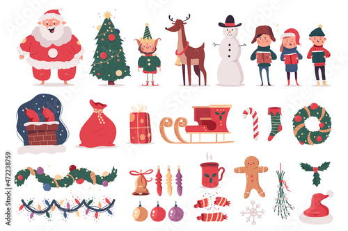 Christmas elements with Santa Claus, carols choir, reindeer, tree, cracker, elf, sleigh, garland and others vector cartoon set isolated on a white background. photo